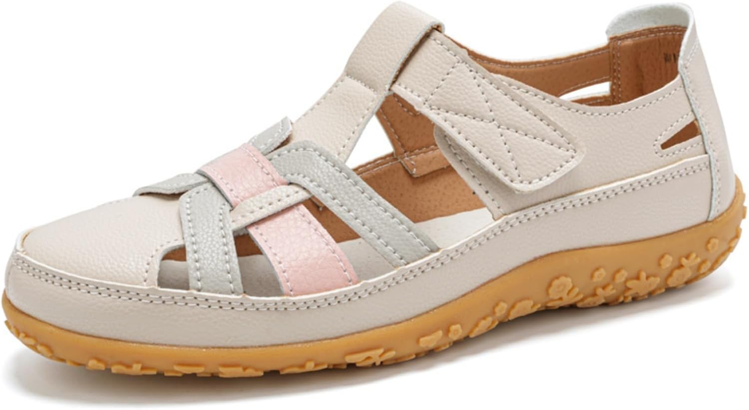 

Женские кожаные сандалии с плетеным закрытым носком, лоферы с вырезами, на липучке, с мягкой подошвой, на слипоне, повседневные удобные ортопедические сандалии, комфортные бохо-римские сандалии, дышащие прогулочные обувь для улицы Generic, розов...