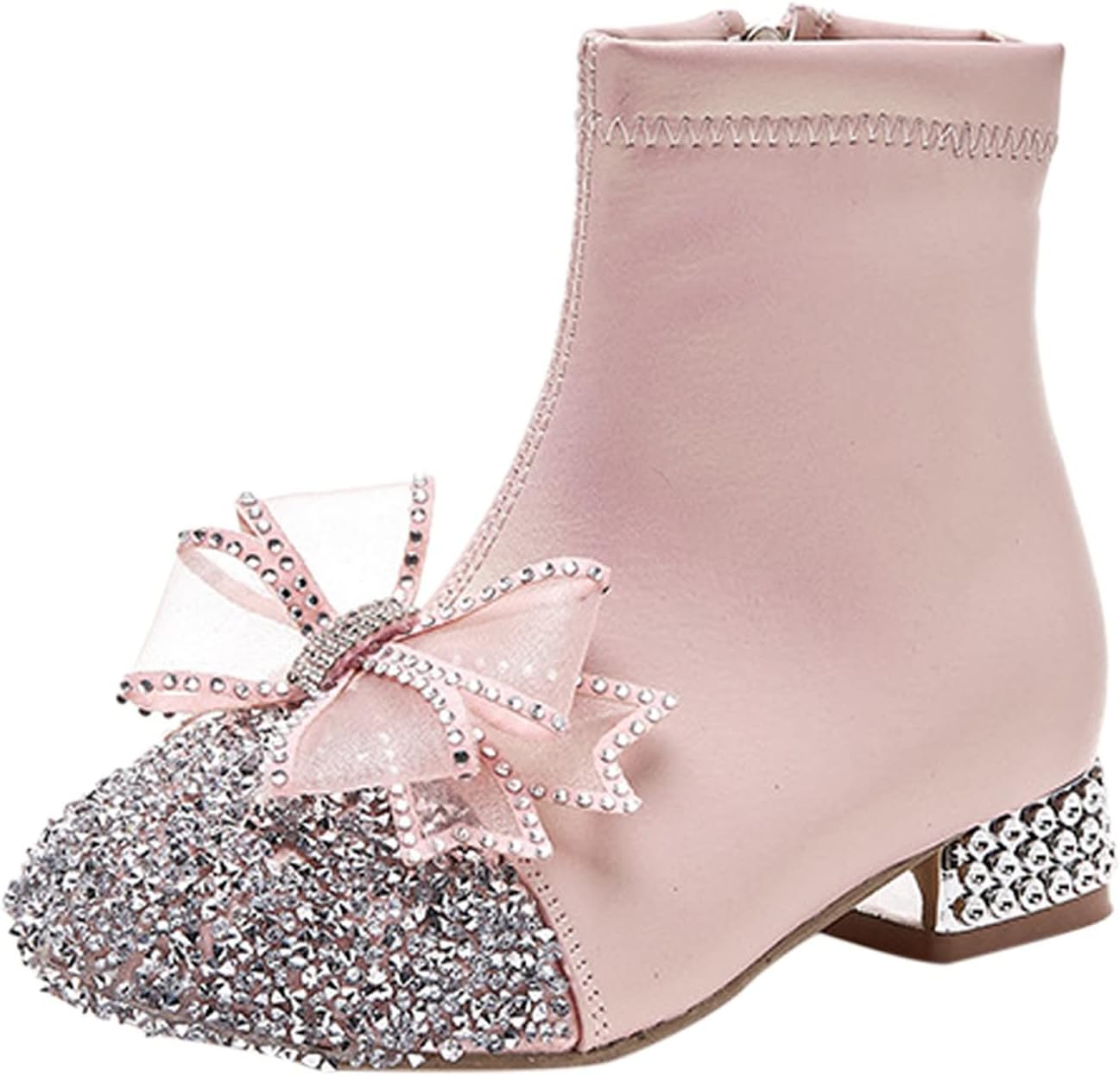 

Kids Bowknot Sequin Sparkly Ankle Boots for Girls Low Heel Dress Booties 2024 Fashion Side Zipper Glitter Big Girl Shoe Generic, Pink