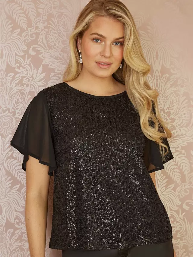 

Топ Yumi Sequin Sheer Sleeve, черный