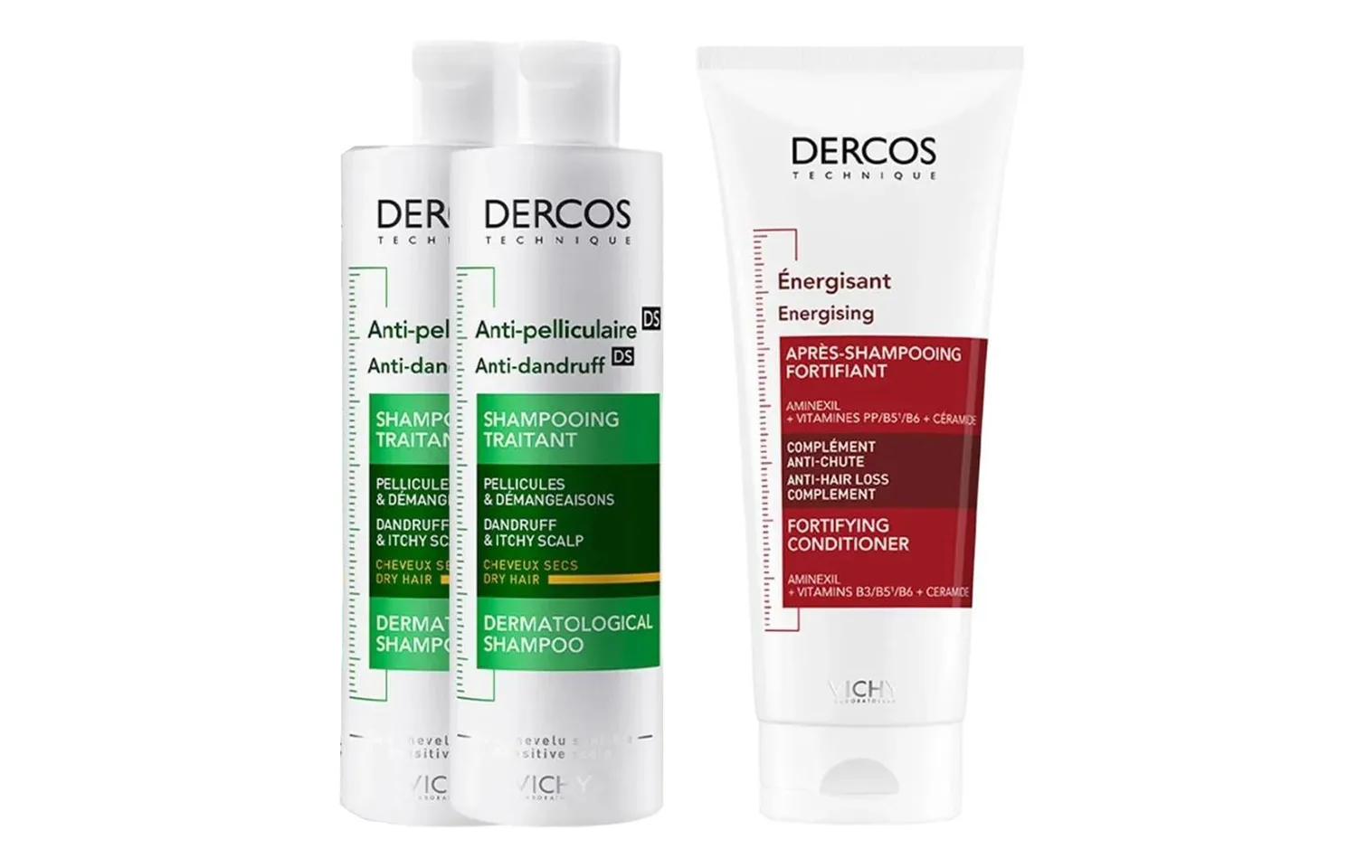Набор шампуня и кондиционера унисекс Vichy, Three-Piece Set: Yellow Logo Dandruff Treatment Shampoo 200ml*2+Red Logo Repairing Hair Conditioner 200ml