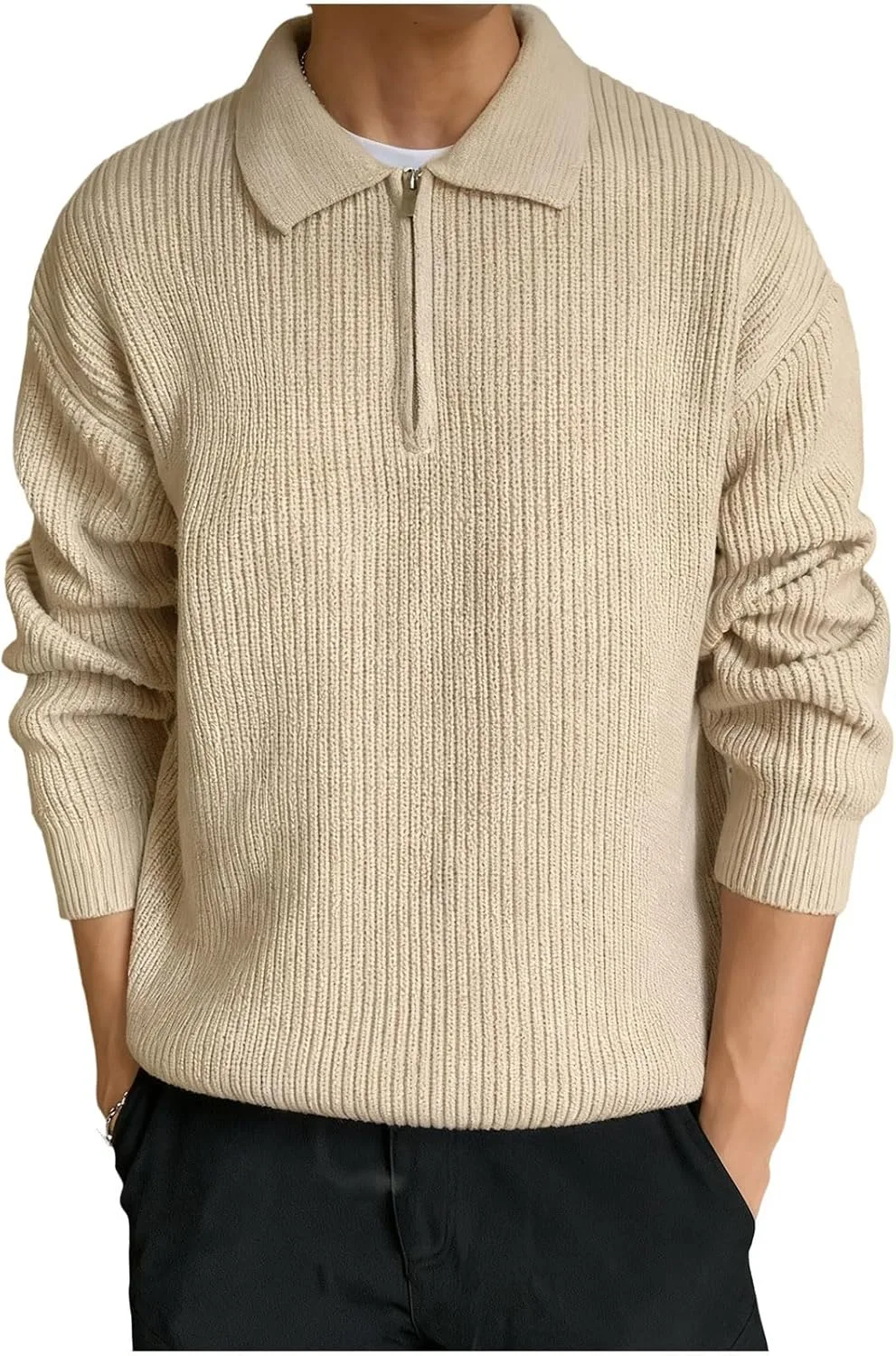 

Мужской свитер с четвертью молнии, легкий, однотонный, с длинными рукавами