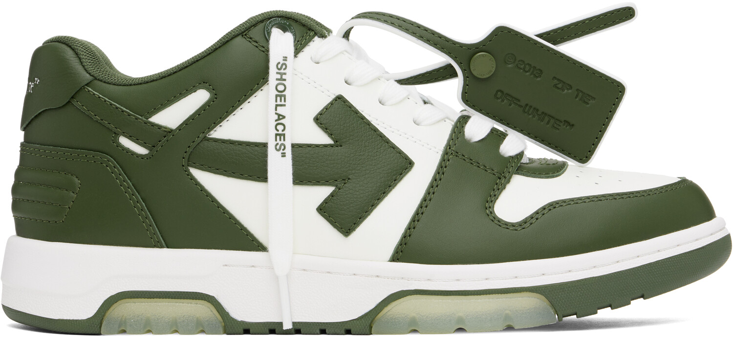 

Белые и хаки кроссовки Out Of Office из телячьей кожи Off-White, White/Military green