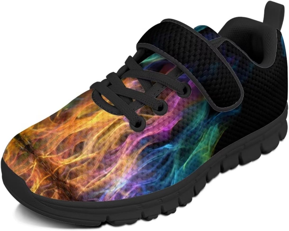 

Детские кроссовки Pointodoor с принтом радуги и пламени для мальчиков и девочек, прогулочные, нескользящие, легкие, дышащие, спортивные, для бега и тенниса, на липучках, Rainbow Flame