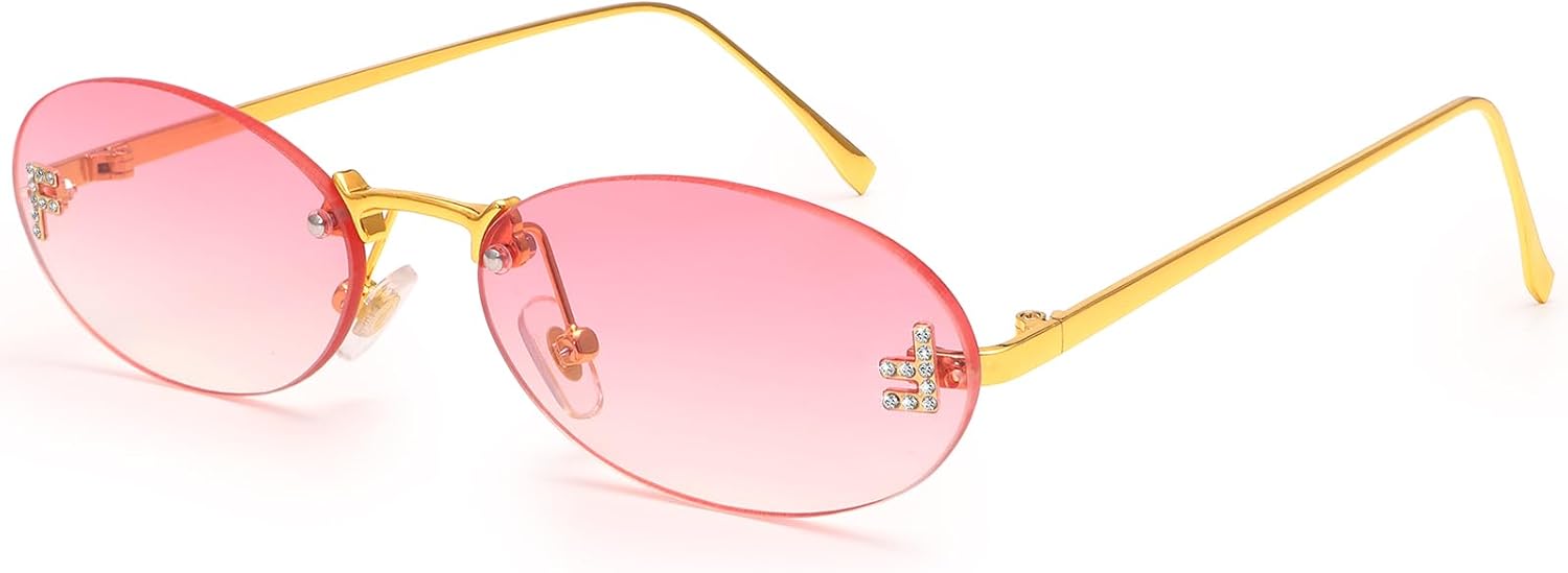 

Модные солнцезащитные очки Dollger без оправы овальной формы для женщин и мужчин, в стиле ретро Y2K, с маленькой оправой в виде бриллиантов, металлические дизайнерские очки 90-х годов, C4: Pink