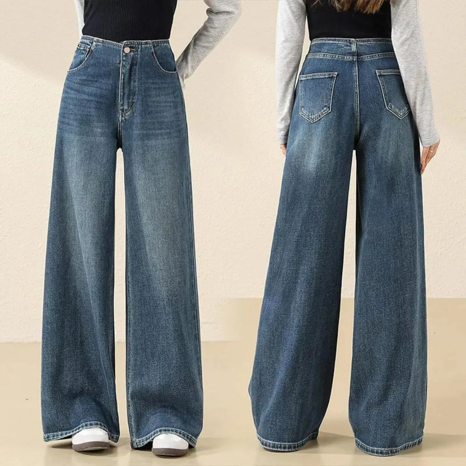 Generic Женские синие джинсы Wide Leg - осенние стройнящие свободные универсальные драпированные брюки Straight Leg Floor Length — фото 2
