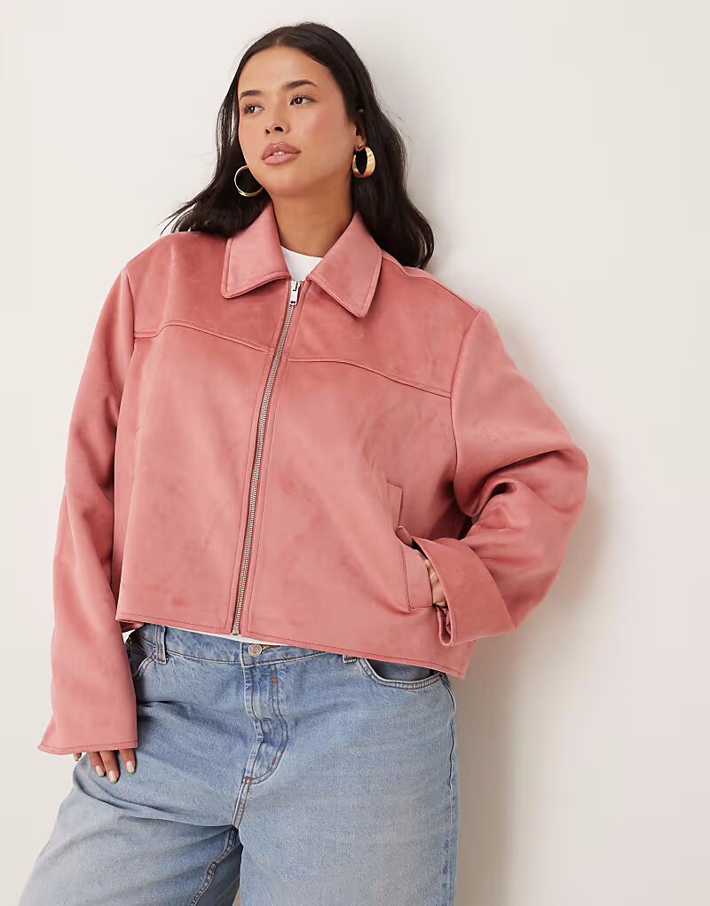 

Куртка из искусственной замши с воротником-стойкой ASOS DESIGN Curve цвета пыльной розы