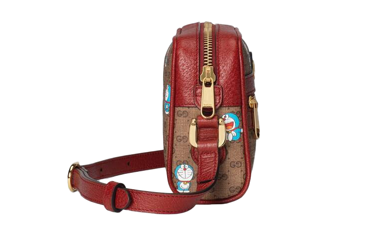 GUCCI Дораэмон коллекция холщовая сумка с кожаной вставкой через плечо унисекс коричневый — фото 3