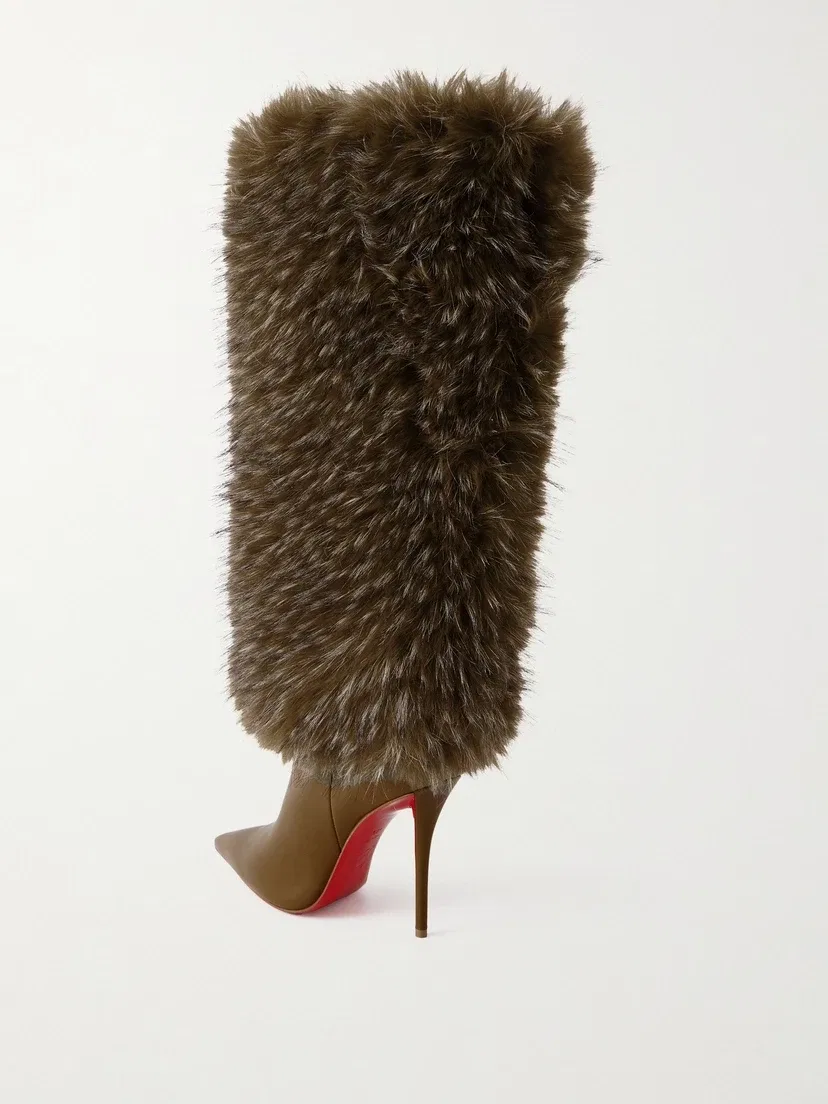 Плюшевые и кожаные сапоги до колена Yangzee 100 Christian Louboutin, зеленый — фото 3