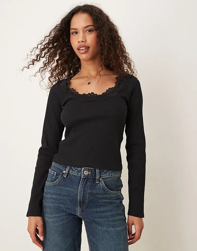 

Топ ASOS DESIGN с круглым вырезом, длинными рукавами и кружевной отделкой, черный
