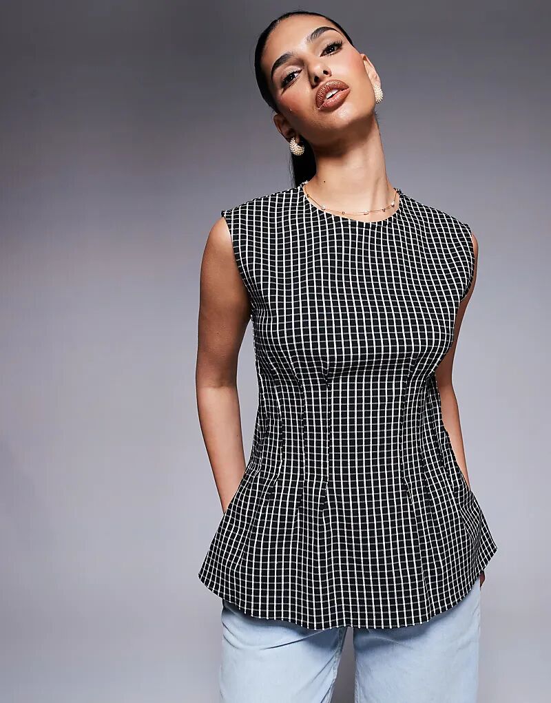 

Топ из поплина River Island в клетку с защипами, черный