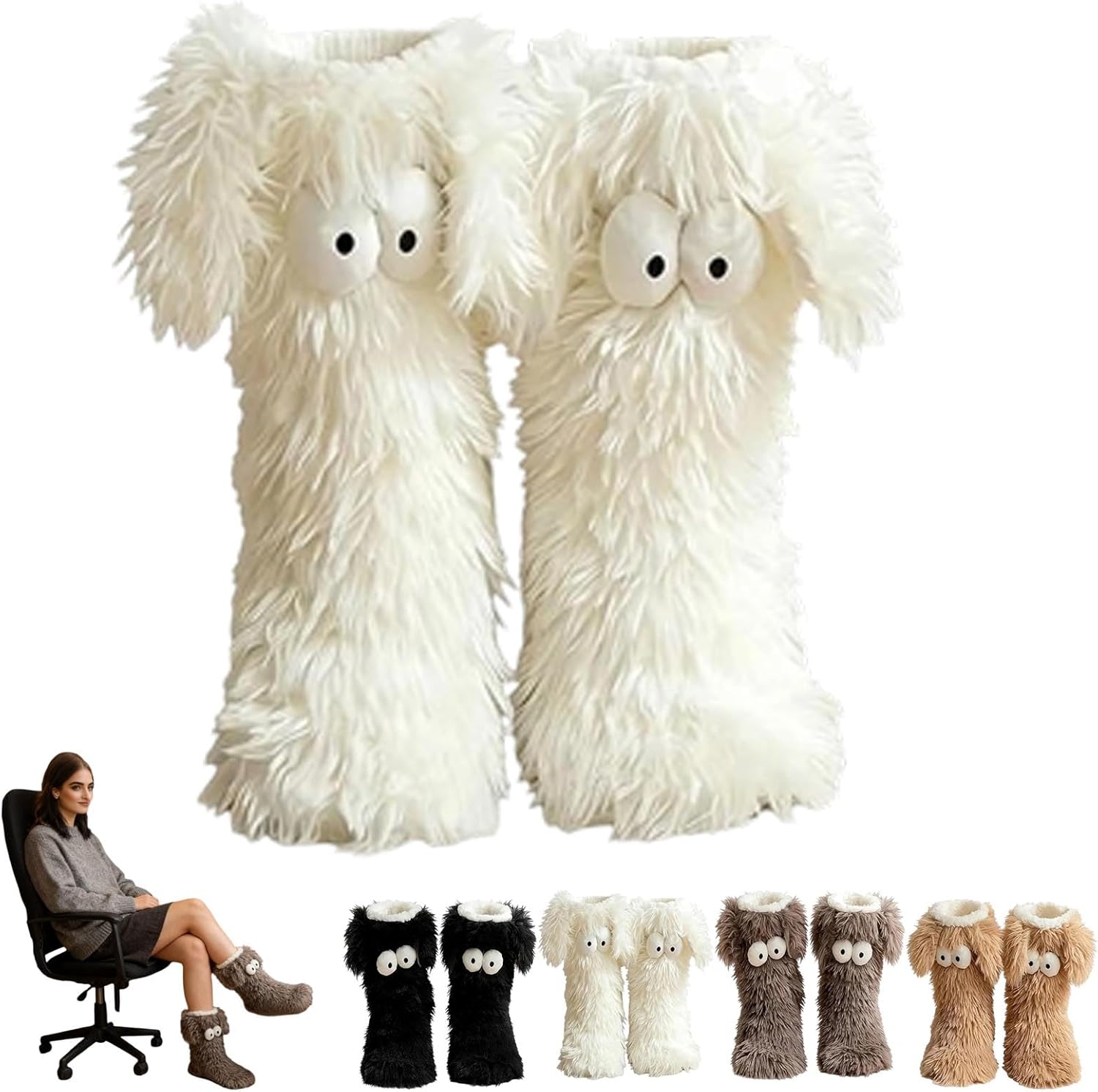 

Уютные носки, женские зимние теплые пушистые нескользящие носки-тапочки с ушками, милые объемные с большими глазами, из толстого флиса Generic, белый