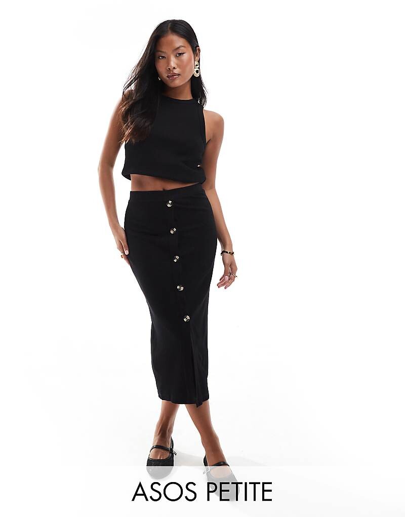 

Черная юбка-миди в рубчик с черепаховыми пуговицами ASOS DESIGN Petite