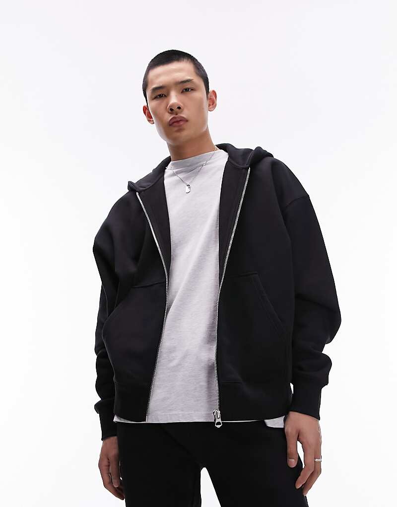 

Topman Premium – черная толстовка свободного кроя на молнии с капюшоном