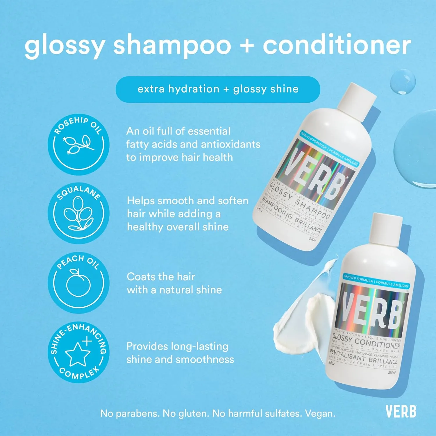 Шампунь VERB Glossy - очищает и придает блеск густым и жестким волосам - веганский продукт, не содержит парабенов и вредных сульфатов. Набор Glossy (3 упаковки) — фото 3