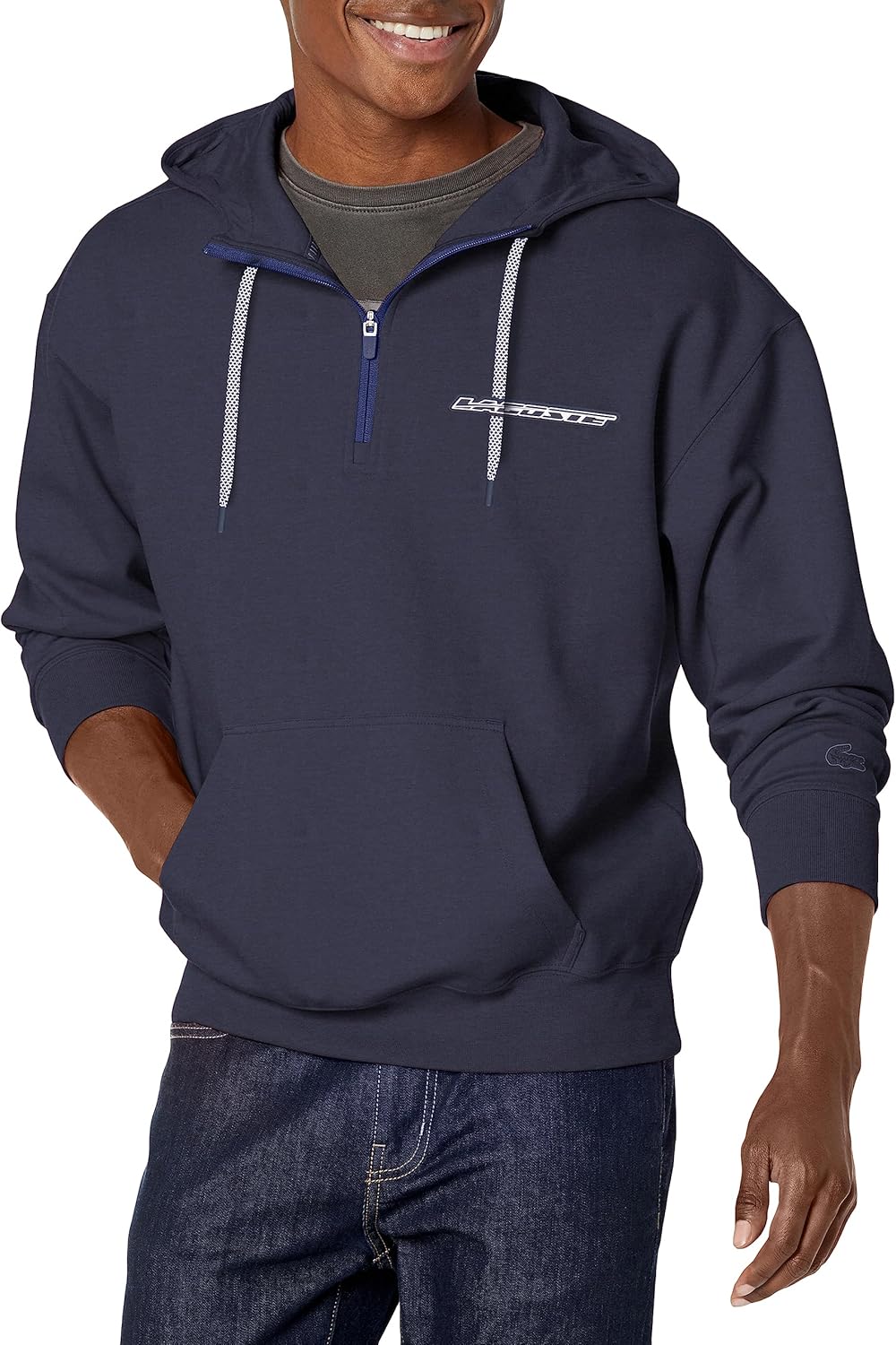 

Lacoste мужская худи с длинным рукавом, двусторонняя, свободного кроя, с полумолнией и передним карманом, Blue Night
