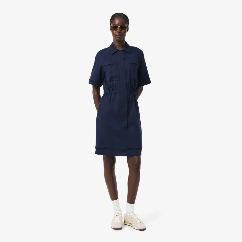 Платье-поло Lacoste Тёмно-синее из лиоцелла и льна с молнией