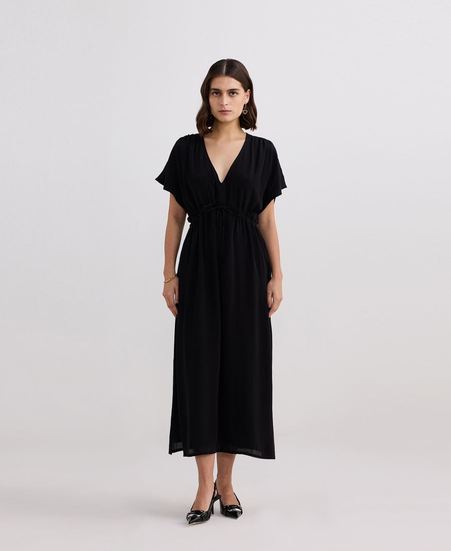 

Женское длинное платье с V-образным вырезом и сборками, черное Reistor, Black