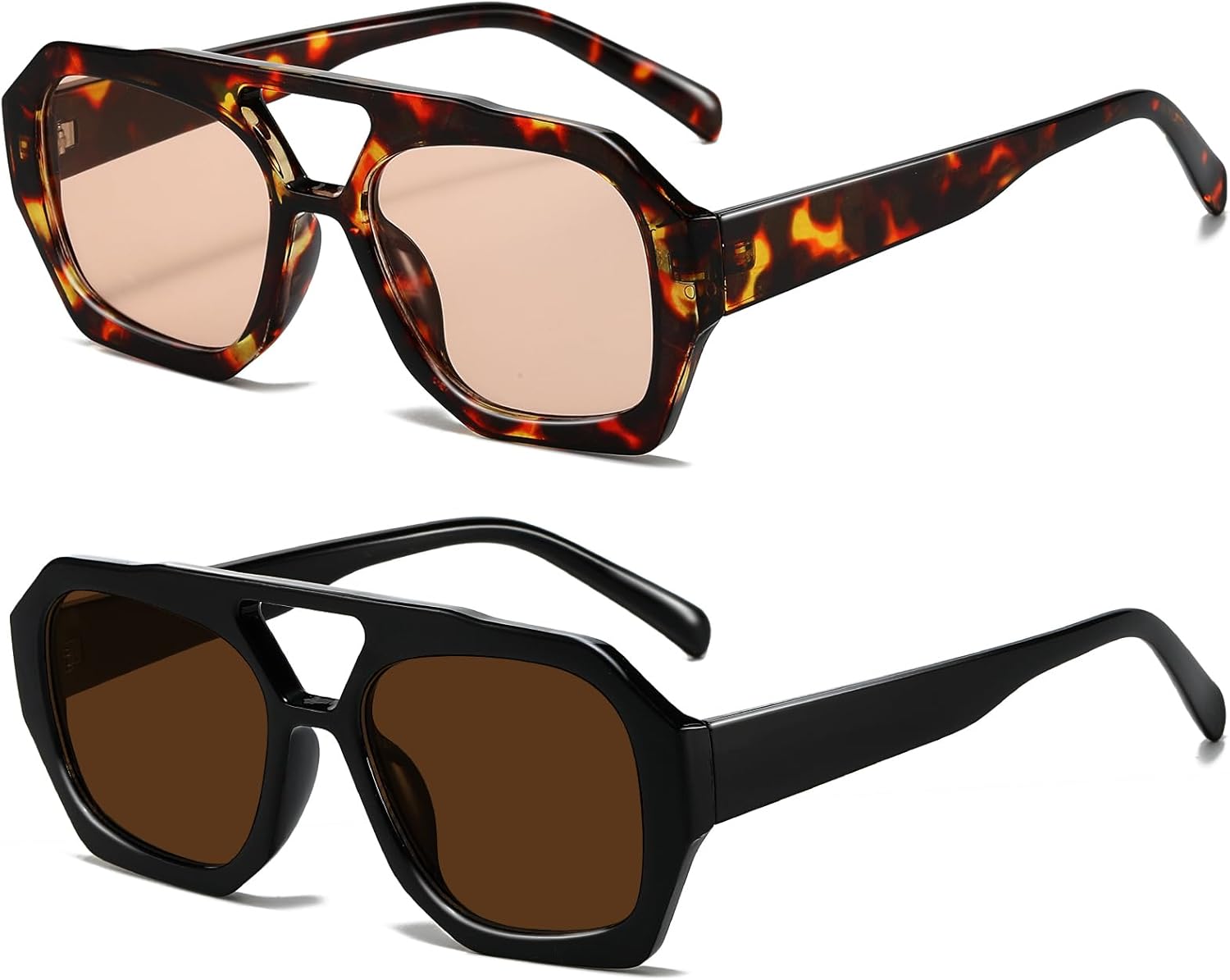 

Ретро-солнцезащитные очки-авиаторы для женщин и мужчин, модные в стиле 70-х, шестиугольные, квадратные, с двойной перемычкой, винтажные солнцезащитные очки Breaksun, 2 Pack (Tortoise/Light Brown+black/Brown)