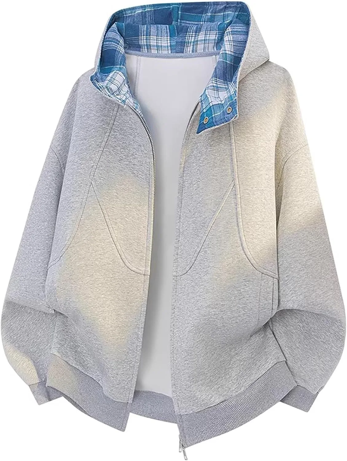 

Толстовка с капюшоном на молнии Plaid Color Block с карманами, мужская, свободная, для весны и осени FGQuelleBM