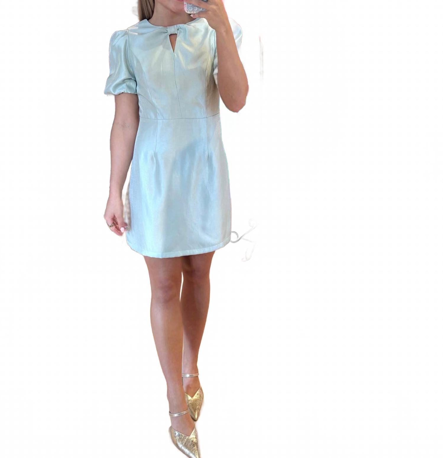 

Мятное мини-платье с завязкой на шее и пышными рукавами B.right