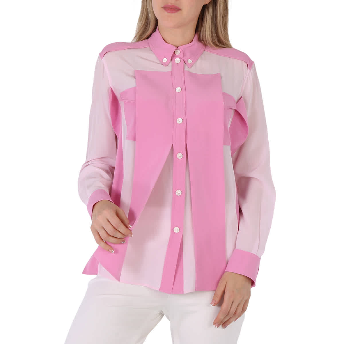 

Burberry Ladies Beckierl Бледно-конфетно-розовая Рубашка из шелкового крепдешина с панелями