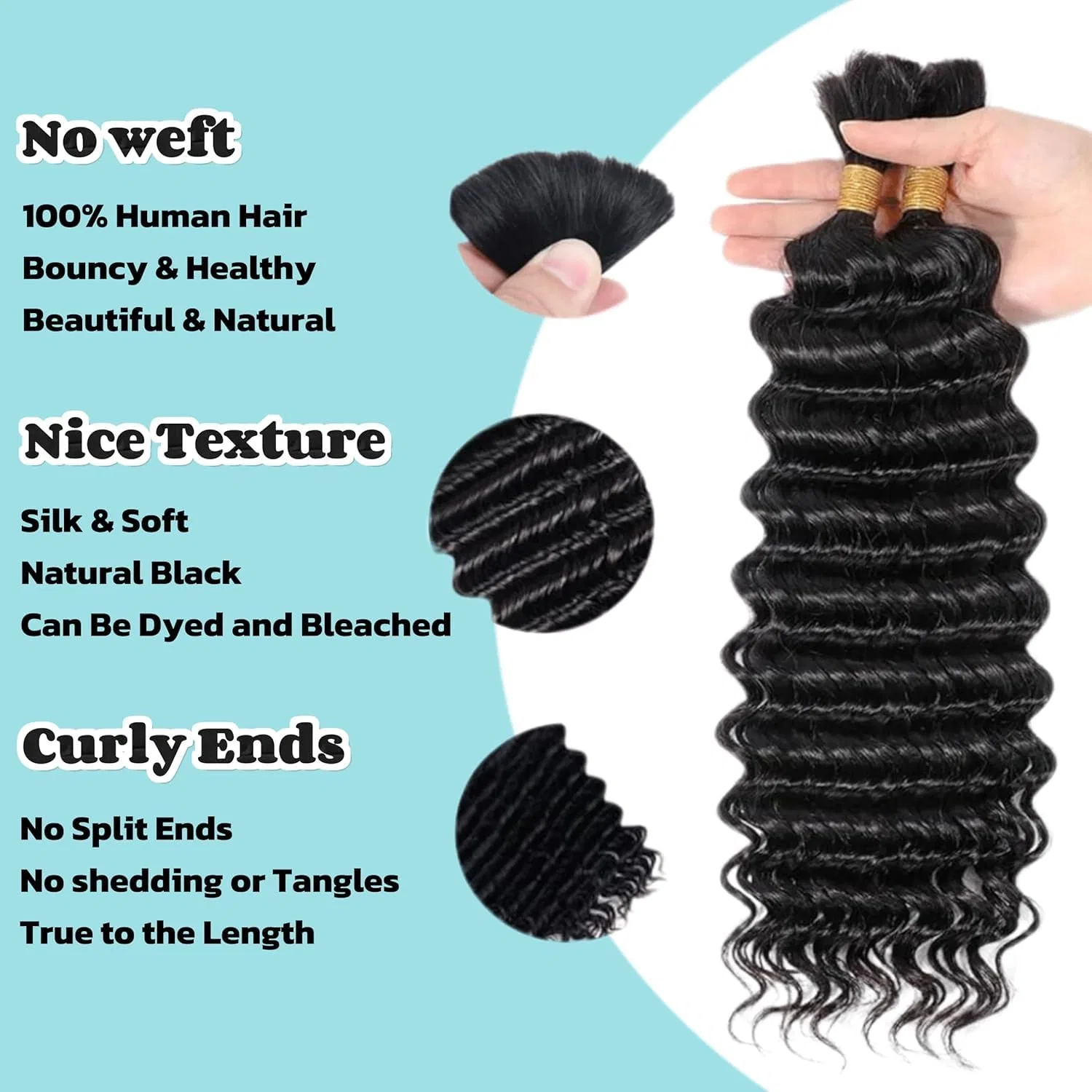 Натуральные волосы Deep Wave Bulk для бохо-кос, 14 дюймов, 100 г Feibin, Deep Wave-Noir — фото 3