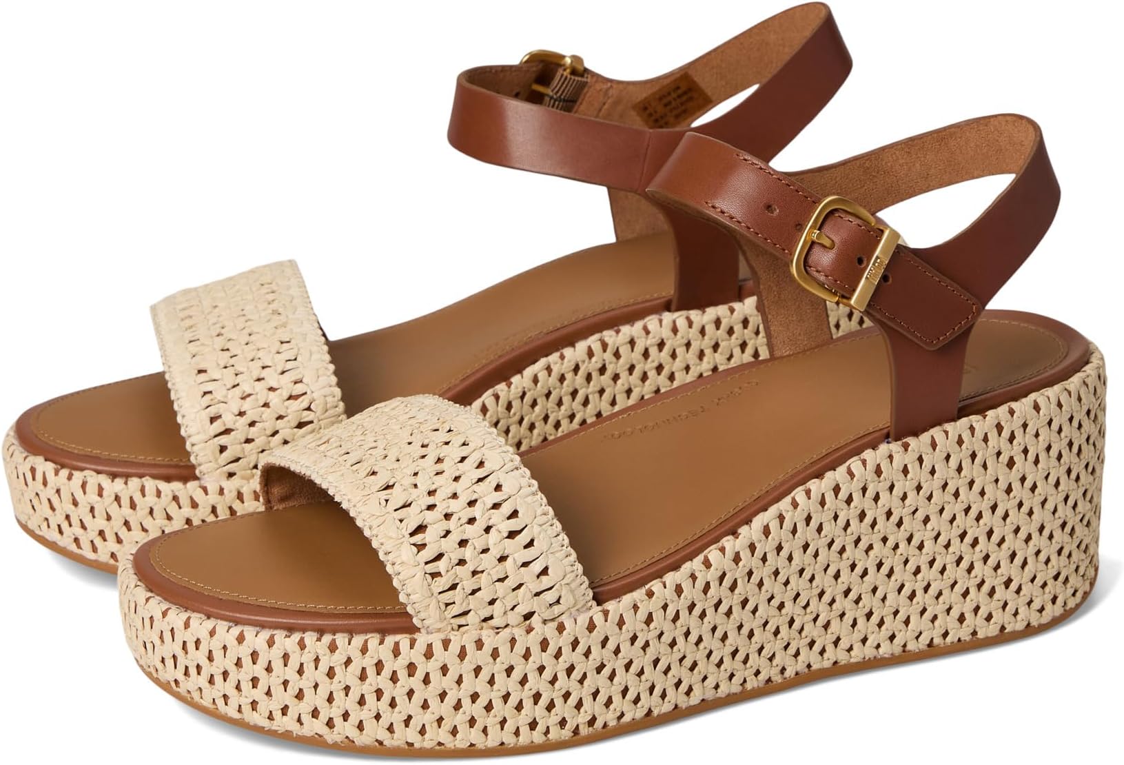 Сандалии FitFlop Platfforms Woven Wedge Ankle-Strap Sandals, цвет Deep Tan/Ivory