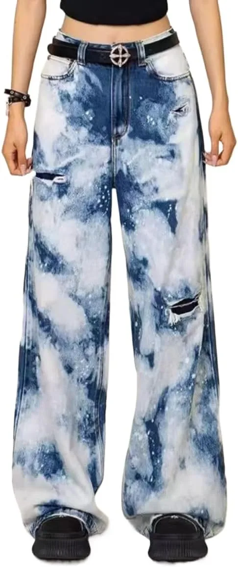 

Джинсы Unisex Y2k Grunge с эффектом спрея и потертостями, Vintage, High Waisted, Camo, Loose Fit, Wide Leg GYPWRCR