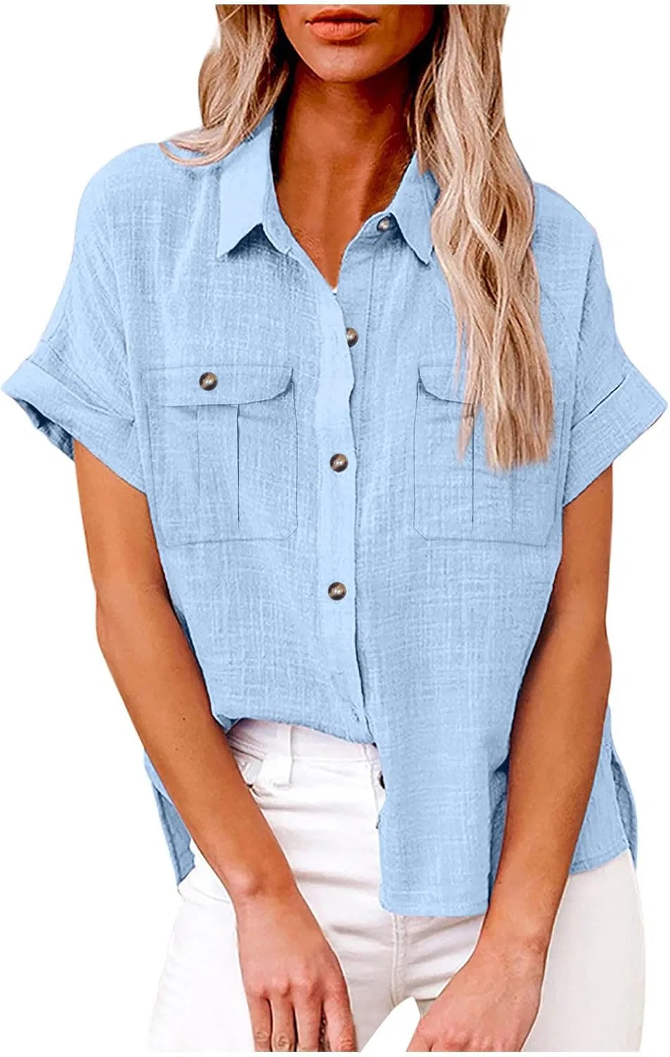 Блуза женская с воротником, хлопок лен, короткий рукав, Light Blue