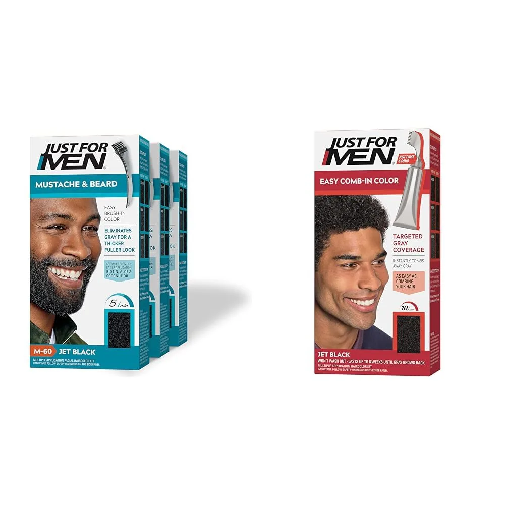 Just For Men Mustache & Beard, краситель для бороды с кистью - Jet Black, M-60, набор из 3 шт и Easy Comb-In Color, краситель для волос для мужчин, легкое нанесение без смешивания с аппликатором-расческой 1 шт. (3 шт.), Jet Black M-60