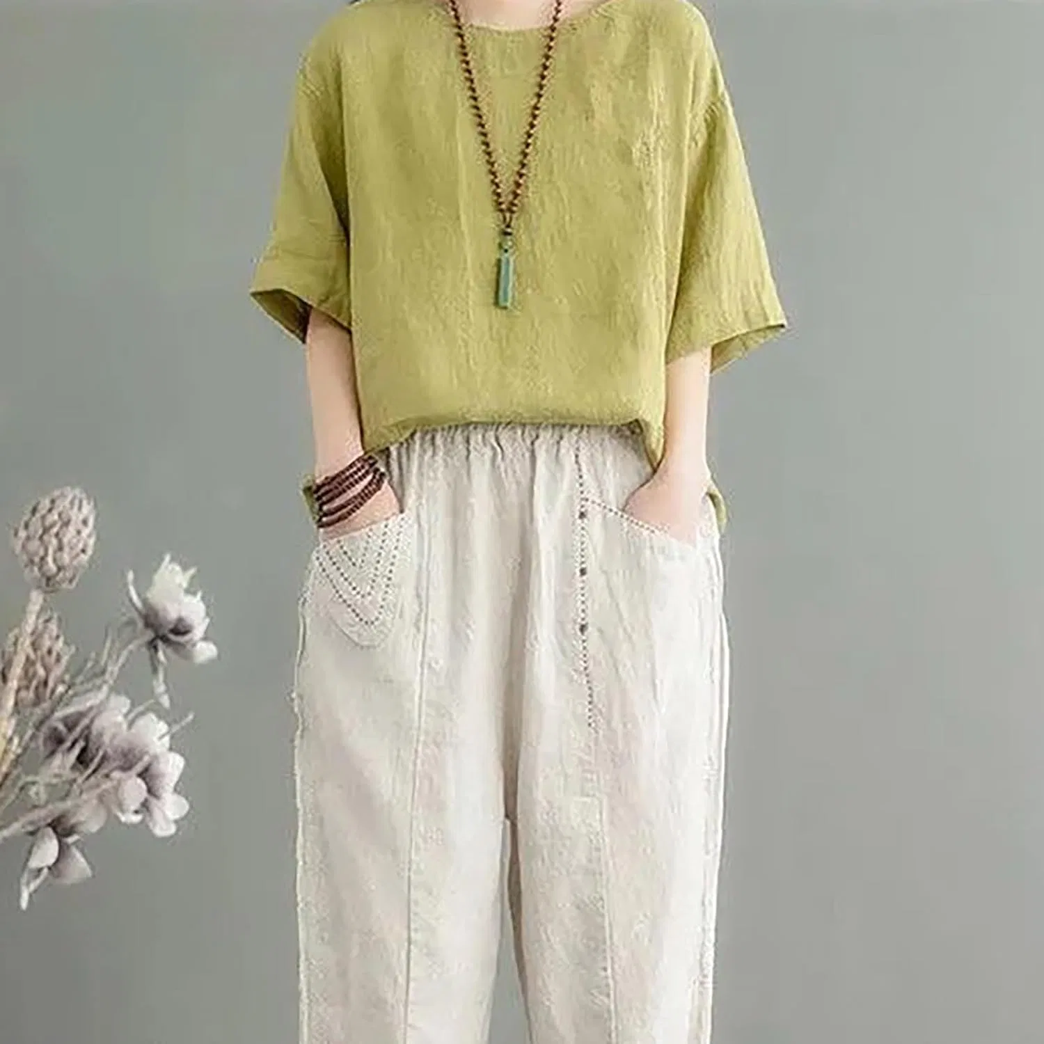 Блуза из хлопка и льна, женская, Oversize, зеленый — фото 3