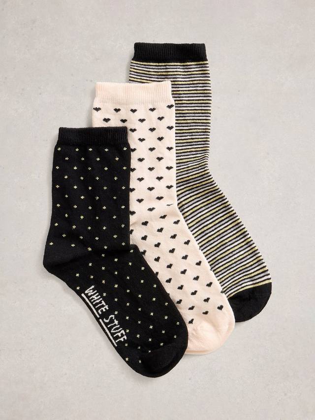 

Хлопковые носки с сердечками, полосками и металлическим блеском до щиколотки White Stuff, Pack of 3, Black/Multi