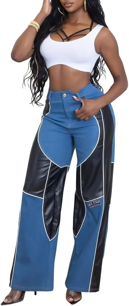 

Женские джинсы с высокой талией и вставками из искусственной кожи TACSTRUN