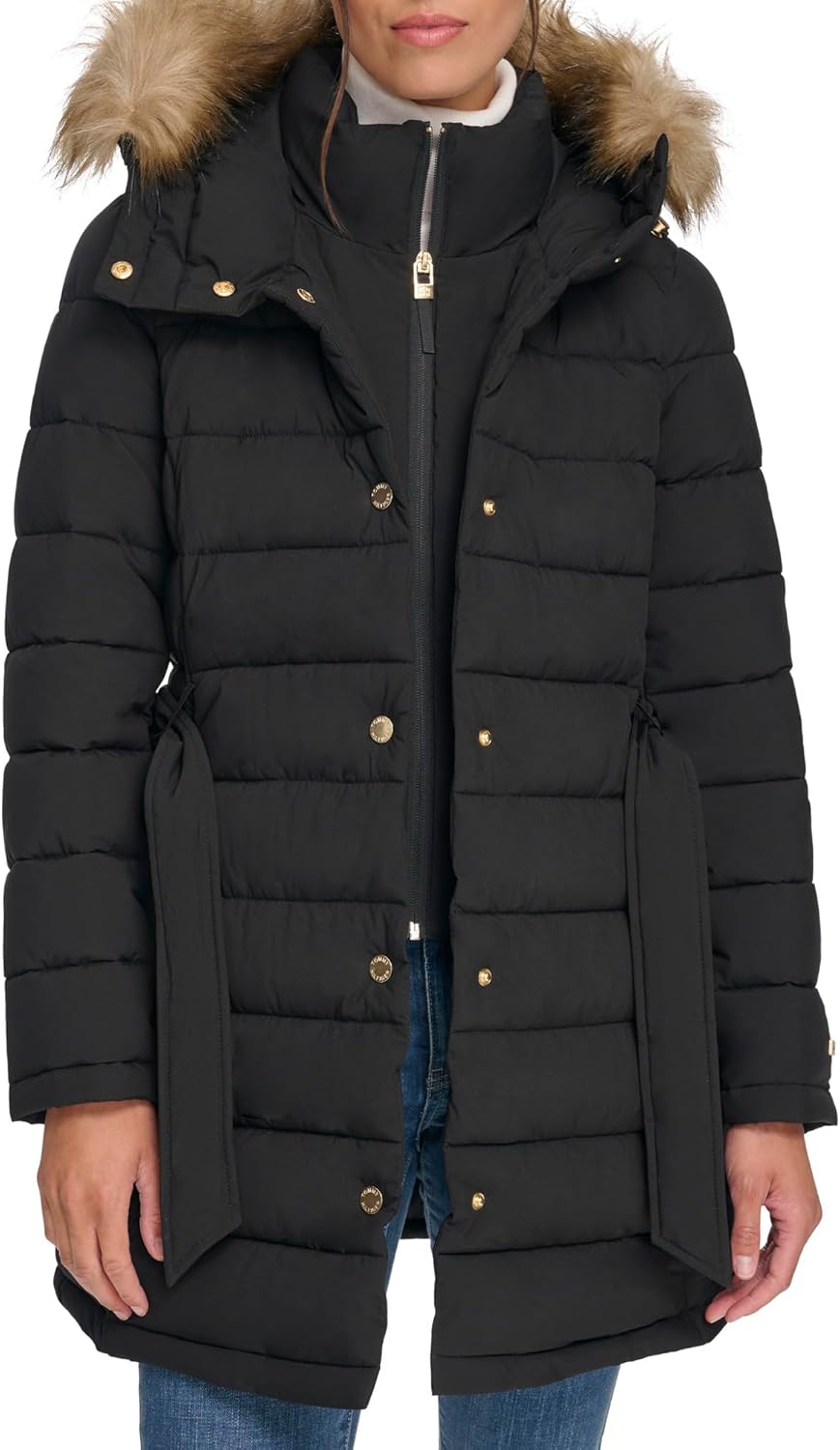 

Женское стеганое пальто Tommy Hilfiger для холодной погоды с меховой отделкой, Black