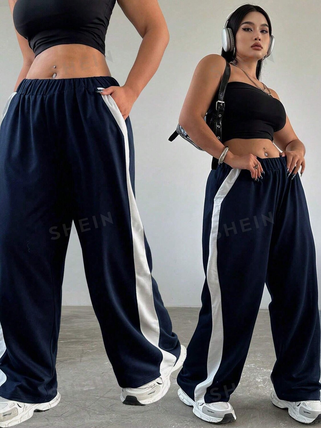 

EZwear Женские повседневные брюки Большие размеры Простые повседневные брюки с цветными блоками Shein, темно-синий