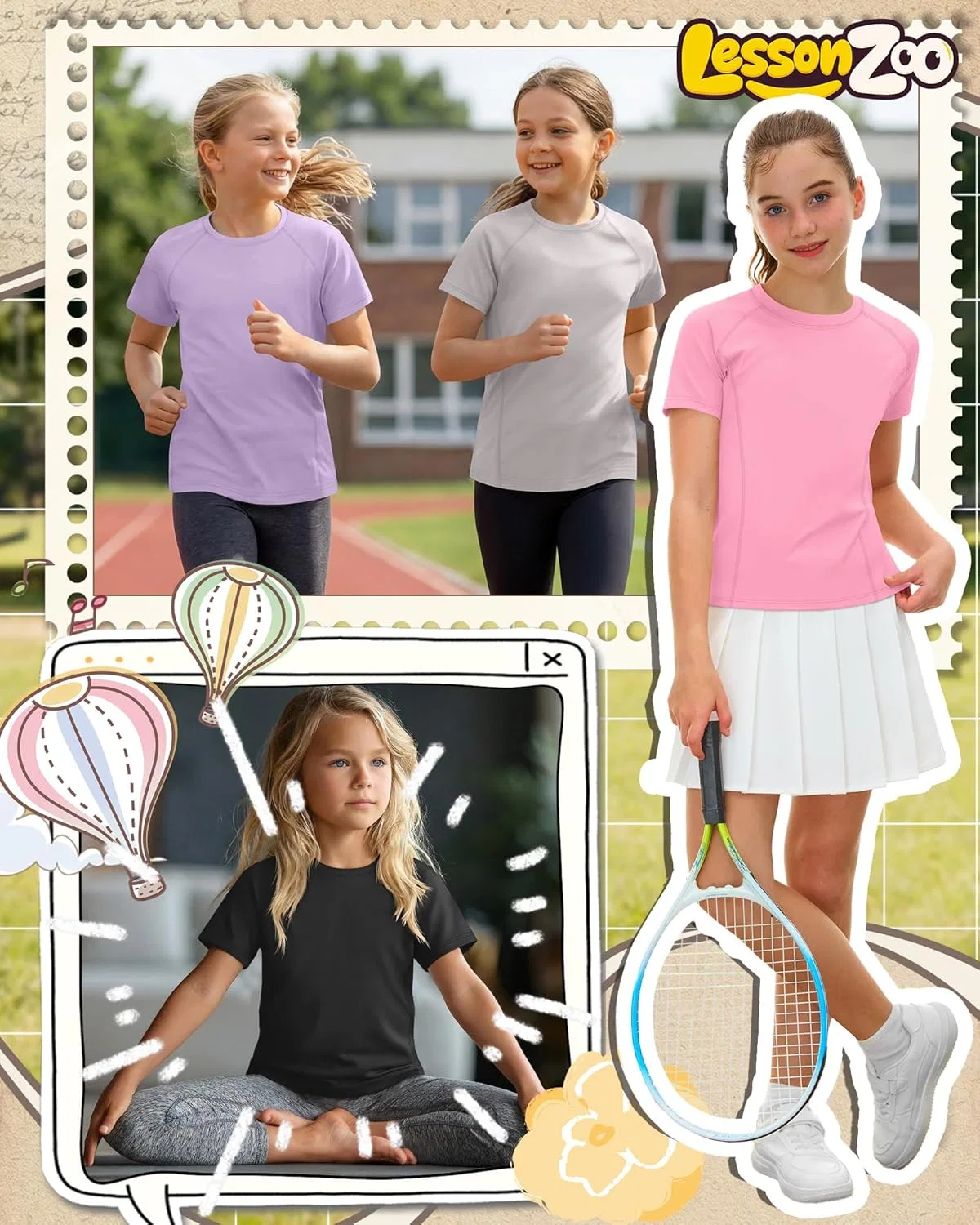 Детские спортивные футболки 4 шт, LessonZoo, Pink, Taro Purple, Light Gray, Black — фото 3