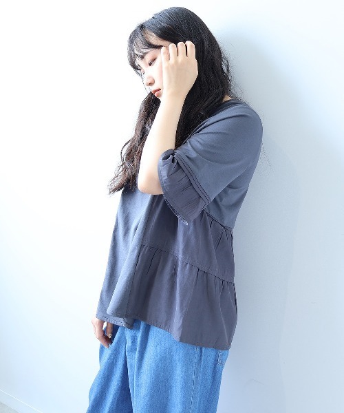 

Футболка-пуловер многослойная, комбинированные материалы, короткий рукав Leswel, угольно-серый