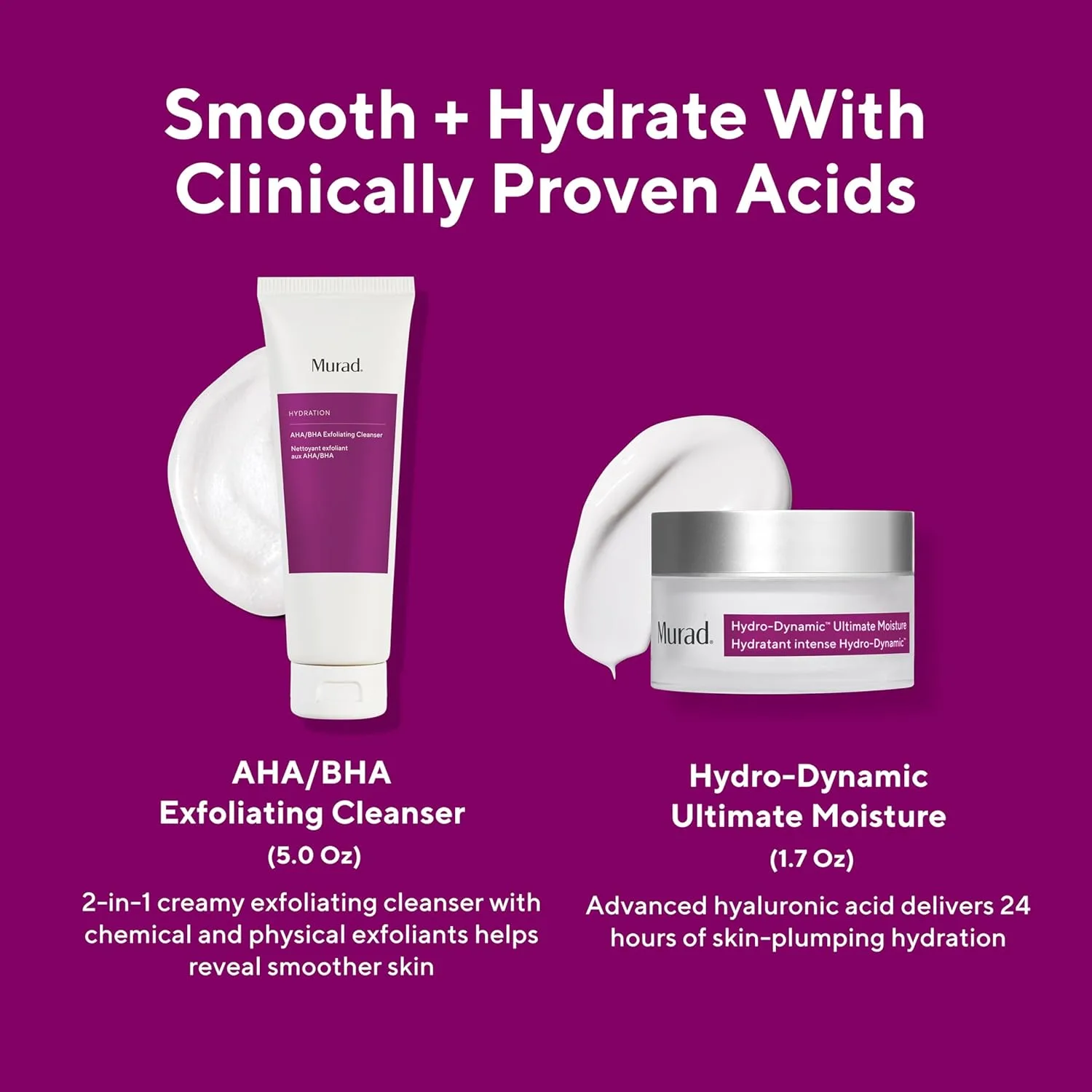 Murad Smooth + Hydrate - набор из 2 полноразмерных средств  - отшелушивающие кислоты для обновления тусклой кожи и интенсивного увлажнения - очищающее средство с AHA/BHA 150 мл, увлажняющий крем Hydro-Dynamic 50 мл — фото 2