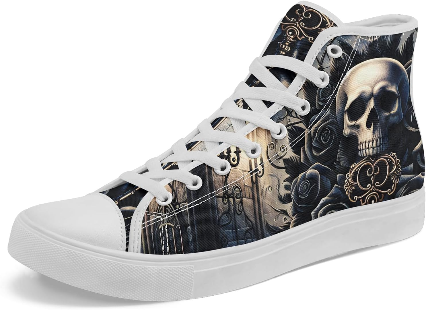 

Высокие кеды из холщовой ткани AWSOLE с черепом и розой для мужчин и женщин, унисекс, для Хэллоуина, в темном готическом стиле, модная уличная обувь, повседневные тренеры