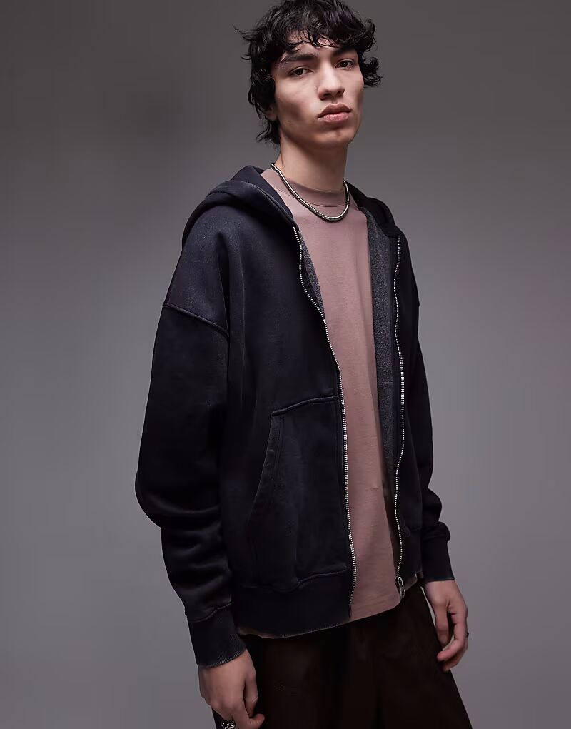 

Толстовка Topman премиум-класса с толстовкой свободного кроя и застежкой-молнией, выполненная методом кислотной стирки, черного цвета