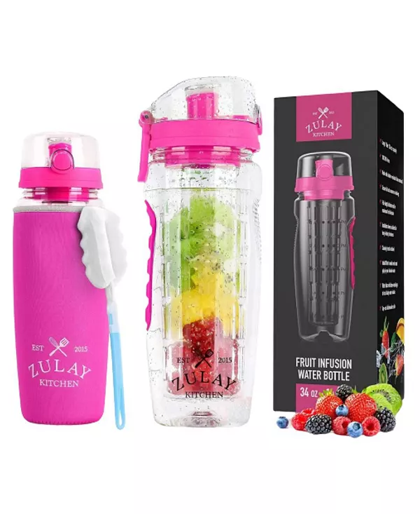

Бутылка для воды с заварочным устройством для фруктов объемом 34 унции с герметичной крышкой и длинной стержневой насадкой Zulay Kitchen, pink