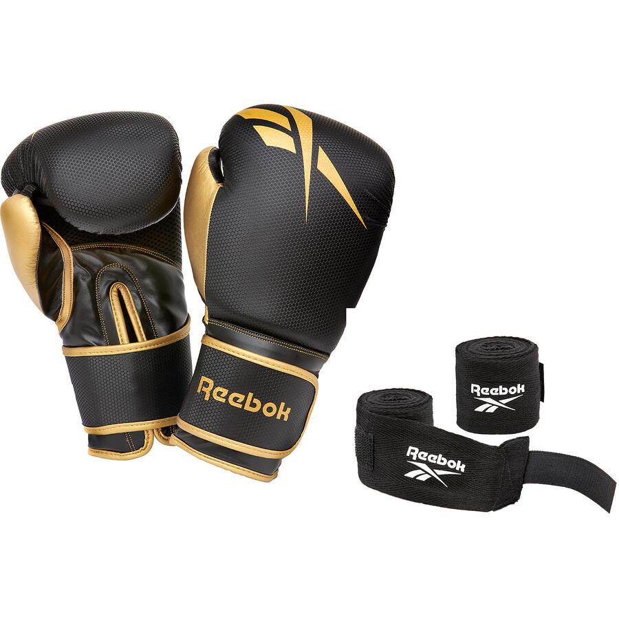 

Боксерский комплект Reebok, боксерские перчатки 12 унций, золотисто-черные, и бинты для запястий