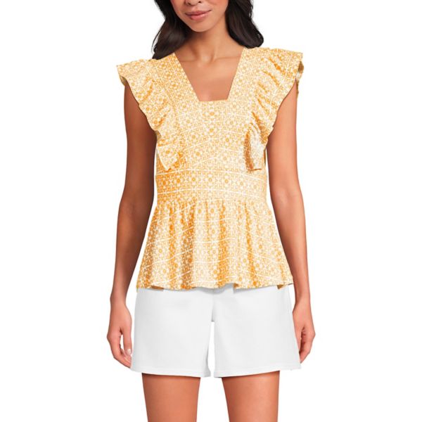 

Женский легкий трикотажный топ с баской и оборками Lands' End, цвет bright lemon mosaic