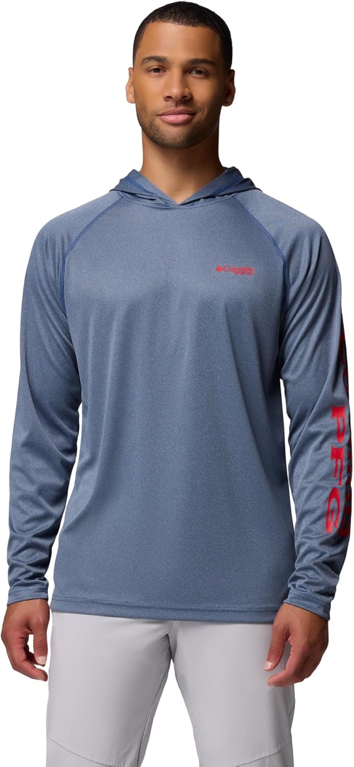 

Терминал такл сан худи для мужчин Columbia, влагоотводящий, Carbon Heather/Red Spark Logo