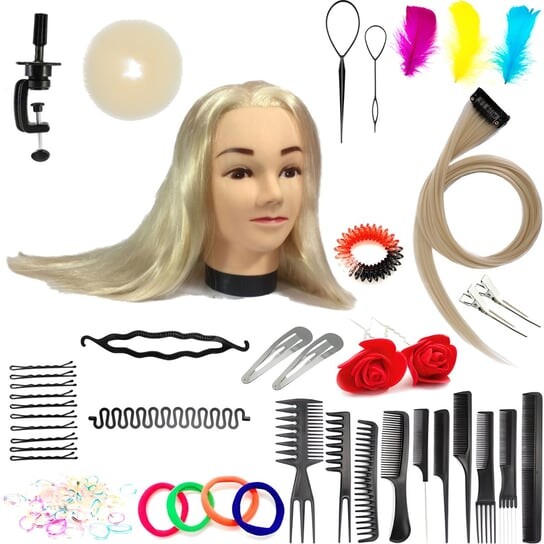 

Набор тренировочных головок Aneta 55 Blond, синтетические волосы + 80 аксессуаров + ручка, парикмахерская насадка для расчесывания, насадка для упражнений, Calissimo