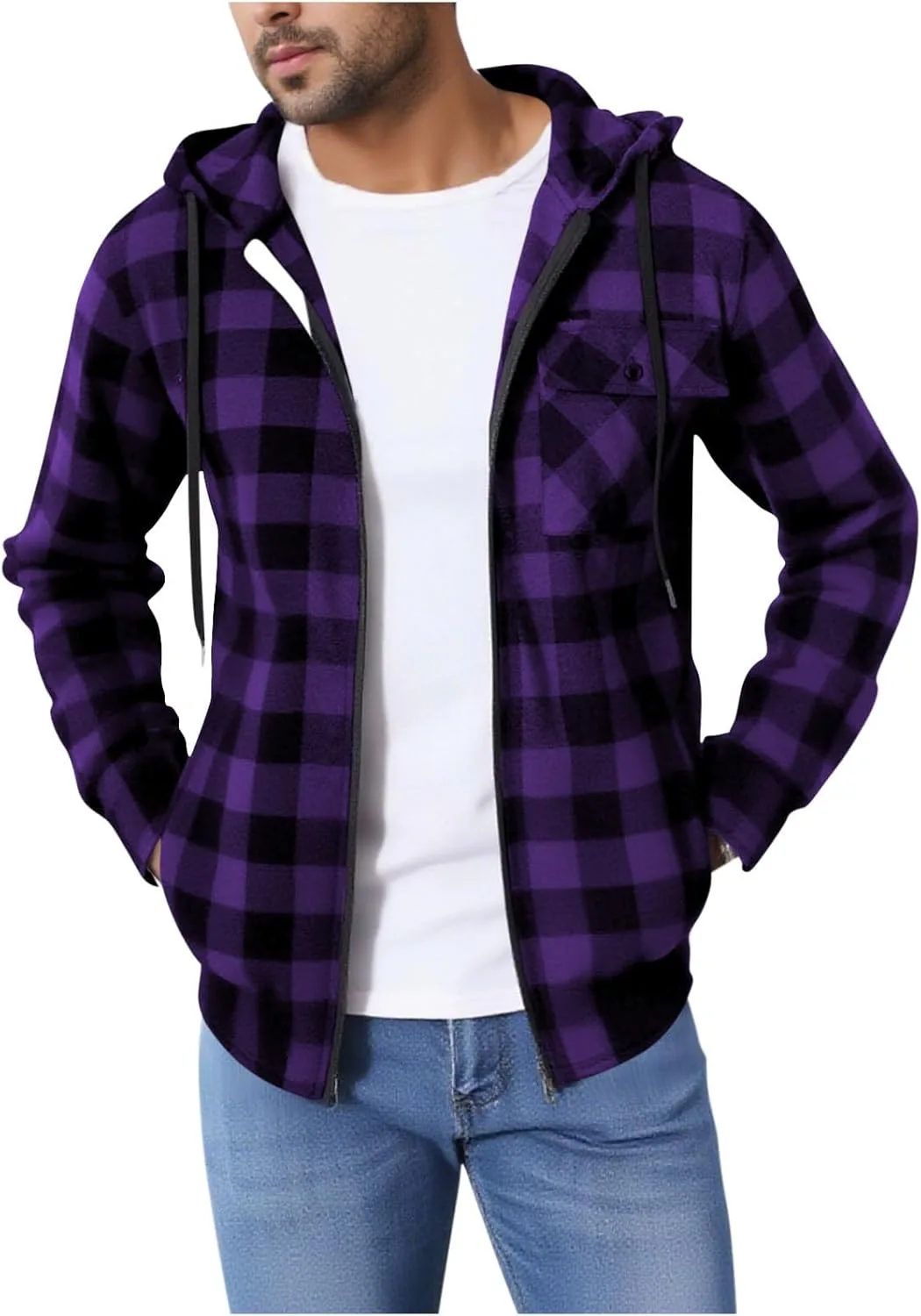 

Мужская худи-рубашка с капюшоном, длинный рукав, в клетку, на молнии