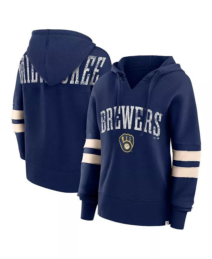 

Женская темно-синяя потертая толстовка с капюшоном Milwaukee Brewers Bold Move Notch Neck Fanatics