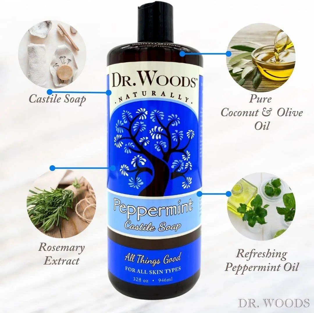 Жидкое кастильское мыло Dr. Woods Pure Peppermint, 2 упаковки по 946 мл, с ароматом мяты — фото 4