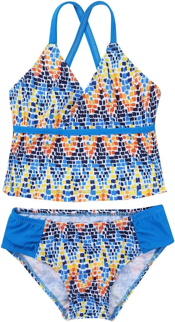 Детский купальник YiZYiF Big Girl's Youth Tie-Dye Tankini Halter 2 Piece Bathi Suit, Colorful Aqua — фото 3