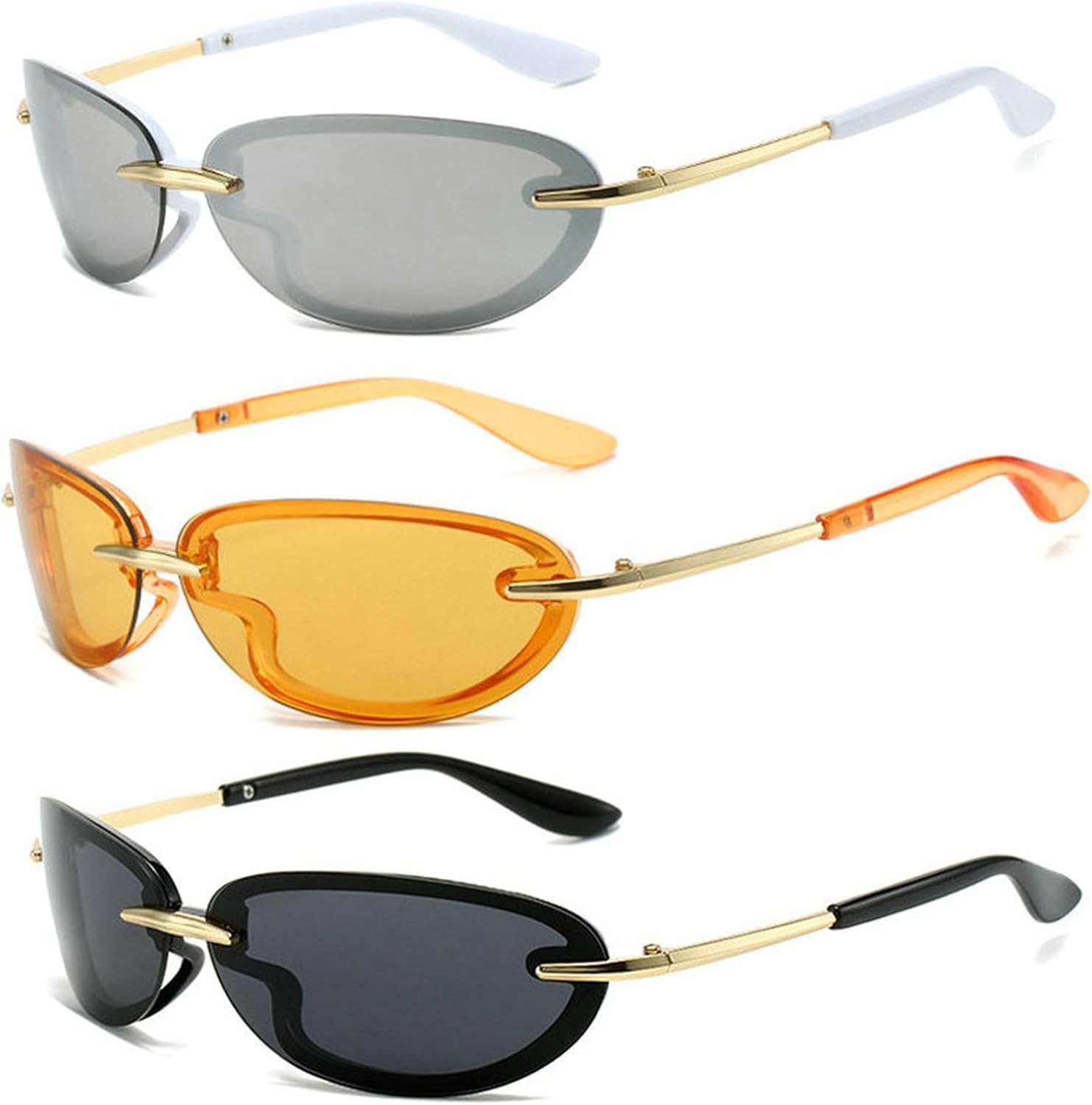 

Солнцезащитные очки Willochra овальной формы без оправы для женщин и мужчин, в стиле ретро 90-х, овальные, без оправы, с тонированными линзами, 3pcs-black&yellow&silver